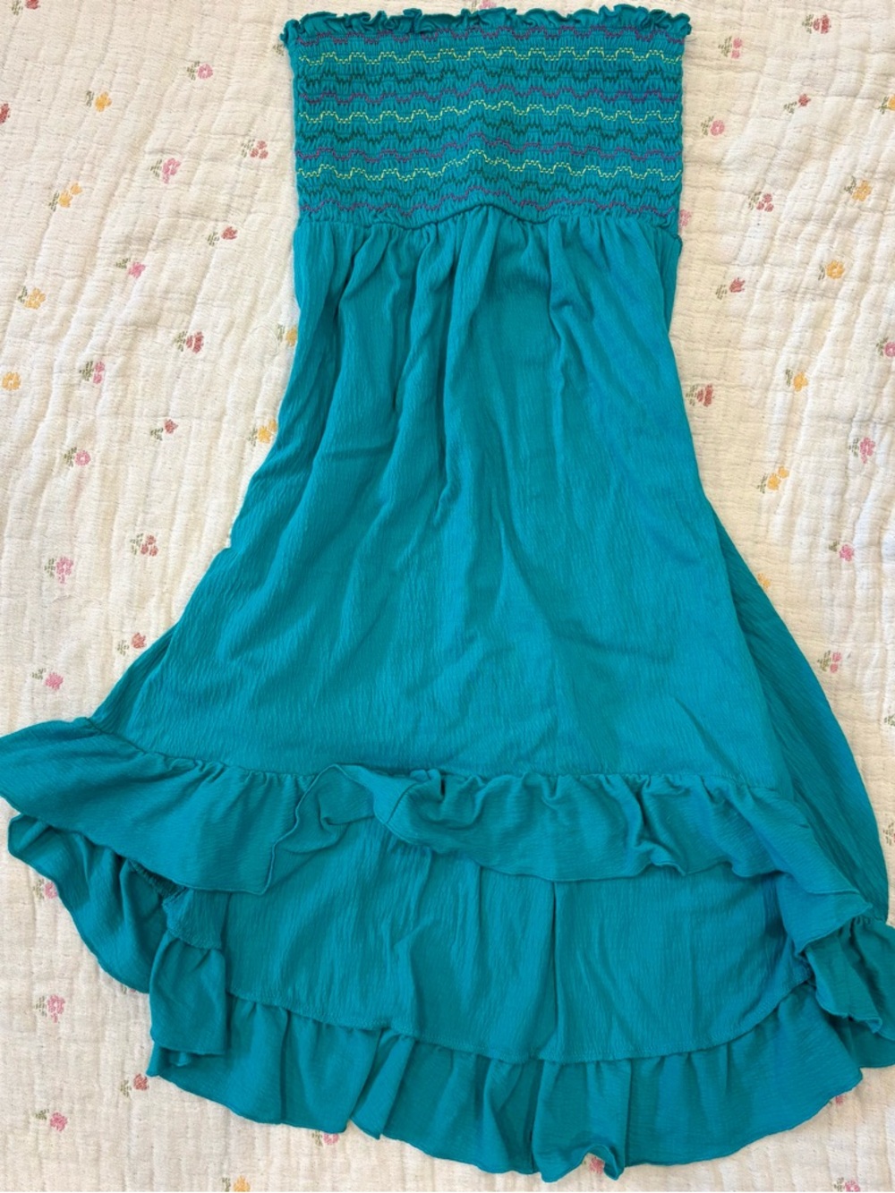 Y2K Tropical Teal Smocked Tube Dress with Ruffle Hem. Strapless Tiered Dress